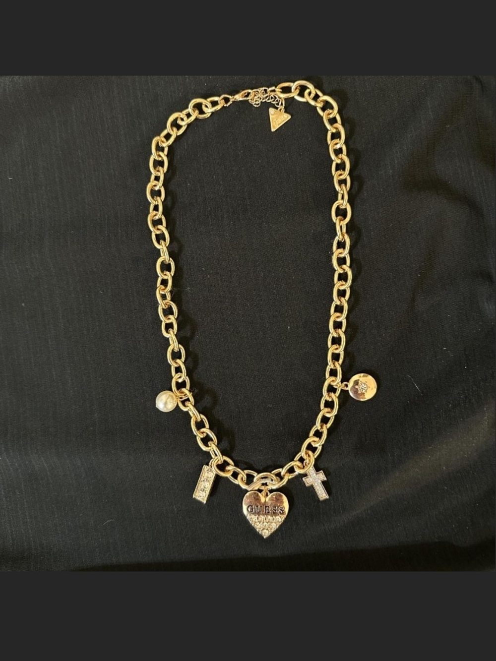 GUESS Gold-Tone Charm Chain Necklace with Heart and Cross Charms - Gold